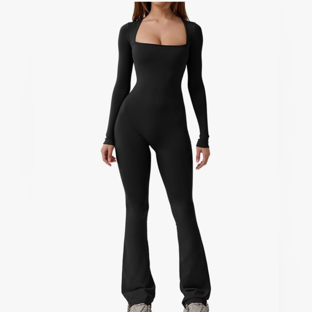 Black Flared Jumpsuit with Long Sleeves and Square Neckline
